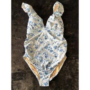 A Pea in the Pod Maternity One Piece Swimsuit Blue Floral Ruffle V-Neck S 70483